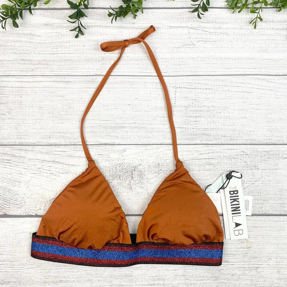 NEW BIKINI LAB Sienna Brown and Red, Blue, Black Sparkle Bikini Top M